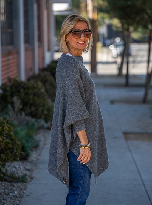 Charcoal Pull On Poncho With Sleeves - Just Style LA