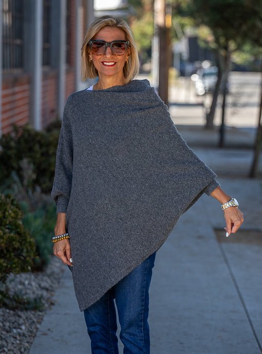 Charcoal Pull On Poncho With Sleeves - Just Style LA