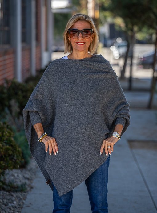 Charcoal Pull On Poncho With Sleeves - Just Style LA