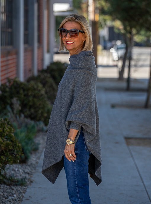 Charcoal Pull On Poncho With Sleeves - Just Style LA