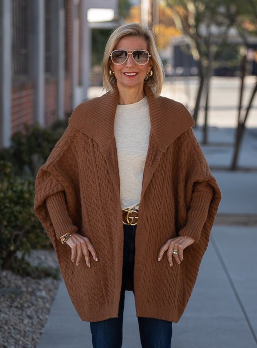 Chestnut Cable Knit Oversized Poncho Cardigan - Just Style LA