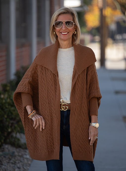 Chestnut Cable Knit Oversized Poncho Cardigan - Just Style LA