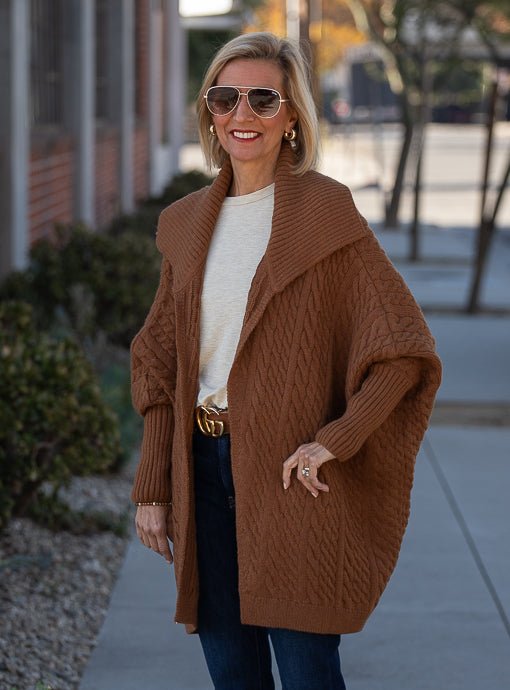 Chestnut Cable Knit Oversized Poncho Cardigan - Just Style LA