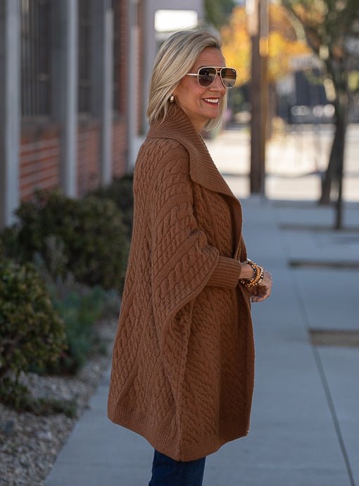 Chestnut Cable Knit Oversized Poncho Cardigan - Just Style LA