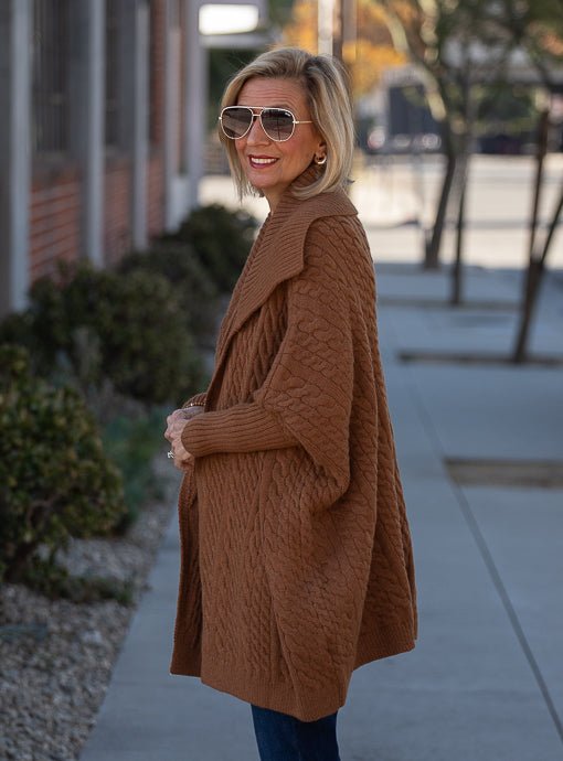 Chestnut Cable Knit Oversized Poncho Cardigan - Just Style LA