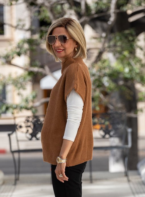 Cinnamon Mock Neck Ribbed Sweater Vest - Just Style LA