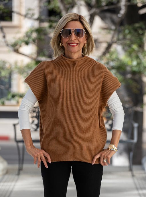 Cinnamon Mock Neck Ribbed Sweater Vest - Just Style LA