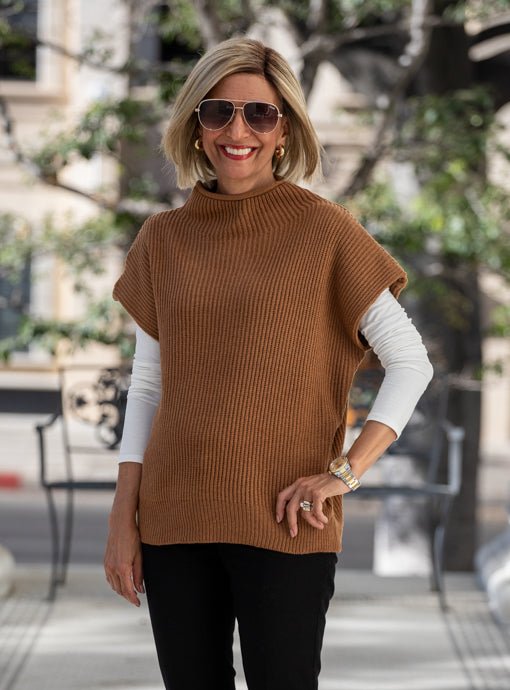 Cinnamon Mock Neck Ribbed Sweater Vest - Just Style LA