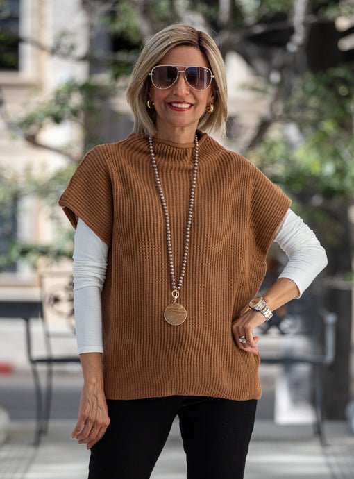 Cinnamon Mock Neck Ribbed Sweater Vest - Just Style LA