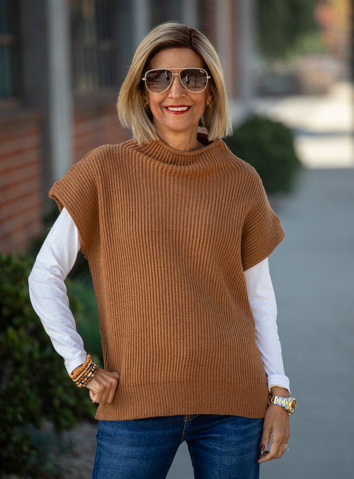 Cinnamon Mock Neck Ribbed Sweater Vest - Just Style LA
