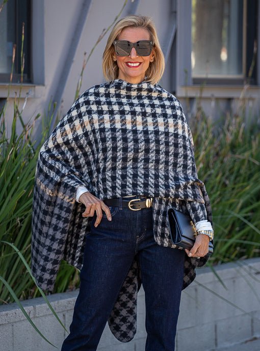 Cream Black Gray Houndstooth Poncho - Just Style LA