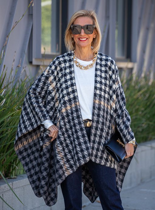 Cream Black Gray Houndstooth Poncho - Just Style LA