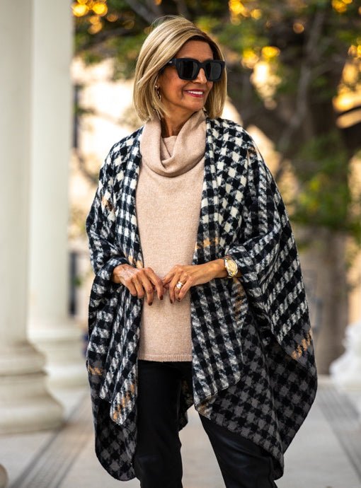 Cream Black Gray Houndstooth Poncho - Just Style LA