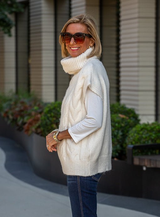 Cream Cowl Neck Cable Knit Sweater Vest - Just Style LA