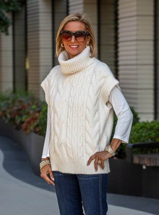 Cream Cowl Neck Cable Knit Sweater Vest - Just Style LA