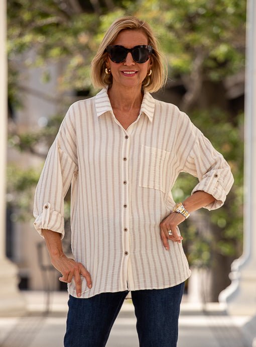 Cream Taupe Stripe Gauze Shirt With Roll Up Sleeves Just Style LA Cream Taupe Stripe Gauze Shirt With Roll Up Sleeves Just Style LA
