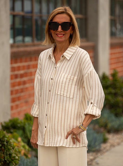 Cream Taupe Stripe Gauze Shirt With Roll Up Sleeves - Just Style LA