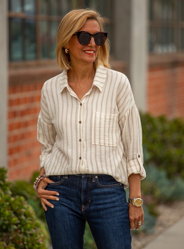best bridal dresses Cream Taupe Stripe Gauze Shirt With Roll Up Sleeves – Just Style LA