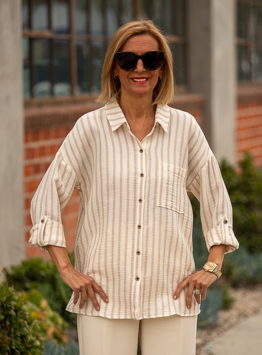 Cream Taupe Stripe Gauze Shirt With Roll Up Sleeves - Just Style LA