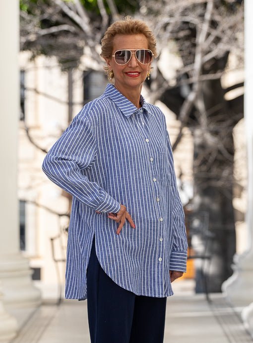 Denim Blue And White Stripe Shirt With One Pocket – Just Style LA