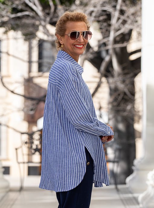 Denim Blue And White Stripe Shirt With One Pocket – Just Style LA