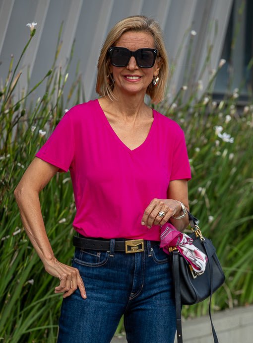 Fuchsia V Neck Short Sleeve Top - Just Style LA