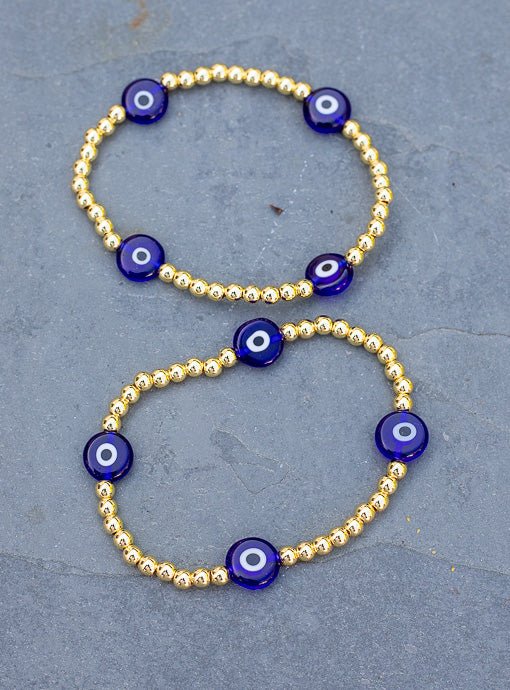 Gold And Blue Evil Eye Bead Bracelet Set - Just Style LA
