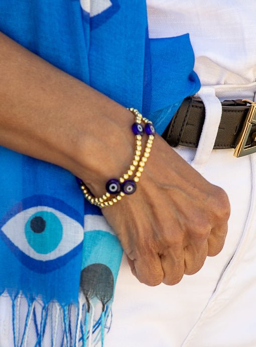 Gold And Blue Evil Eye Bead Bracelet Set - Just Style LA