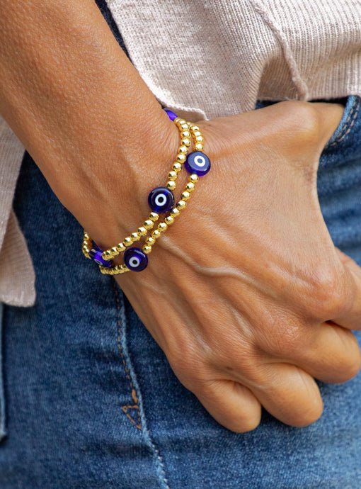Gold And Blue Evil Eye Bead Bracelet Set - Just Style LA