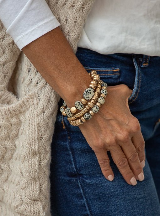 Gold And Tan Black Dot Bead Bracelet Set Of Three - Just Style LA