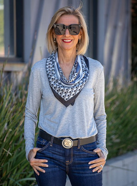 Gray Black Leopard And Geometric Print Silky Neck Scarf