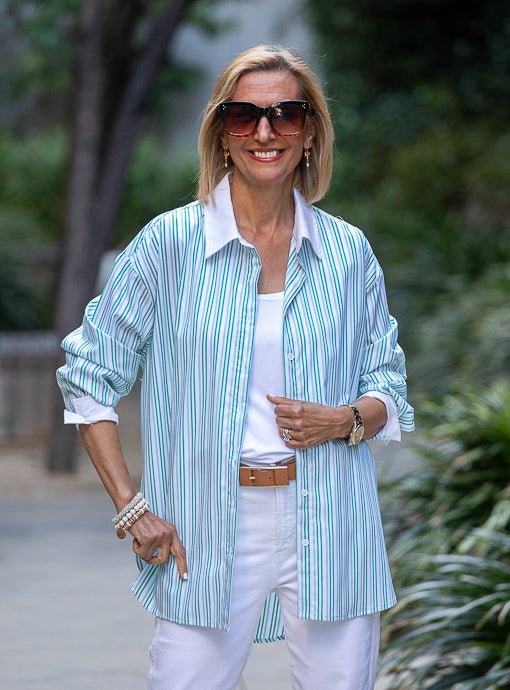 Green White Stripe Shirt With White Collar And Cuffs Just Style LA Green White Stripe Shirt With White Collar And Cuffs Just Style LA