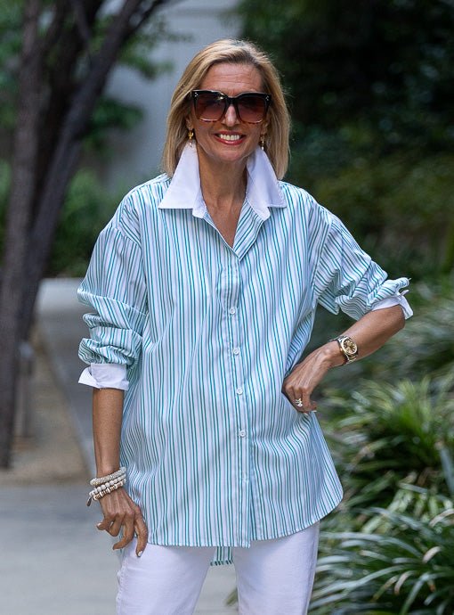 Green White Stripe Shirt With White Collar And Cuffs Just Style LA Green White Stripe Shirt With White Collar And Cuffs Just Style LA