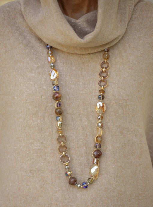 Iridescent Multi Color Bead And Gold Chain Necklace And Earring Set - Just Style LA