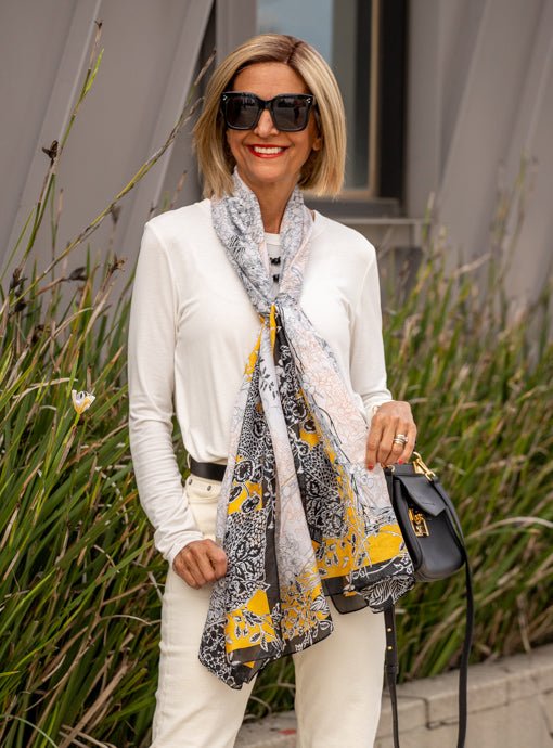 Ivory Black Yellow Abstract Floral Silky Scarf Shawl – Just  display picture 1