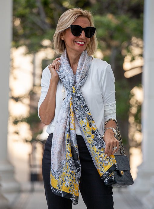 Ivory Black Yellow Abstract Floral Silky Scarf Shawl - Just Style LA