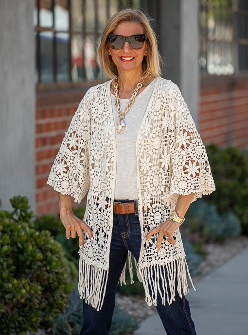 Ivory Cotton Crochet Cardigan With Fringe - Just Style LA