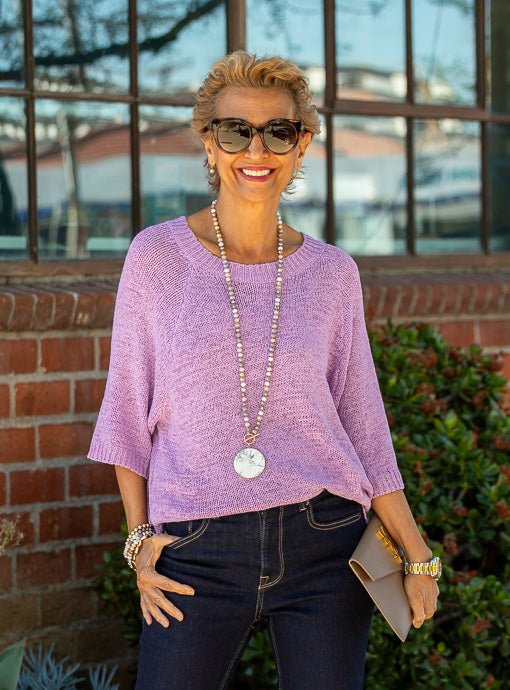 トップス OVERNEATH RIB TOP LAVENDER Lavender Tape Yarn Three Quarter Sleeve Sweater Top – Just Style LA