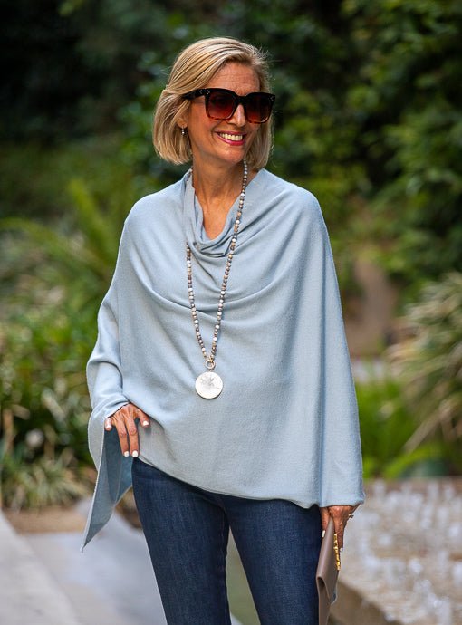 Light Blue Pull On Poncho - Just Style LA