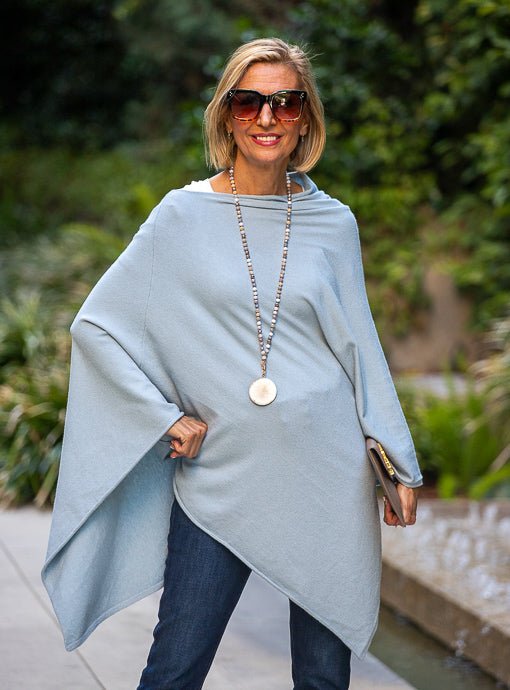 Light Blue Pull On Poncho - Just Style LA