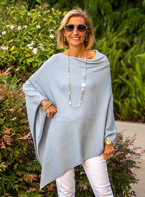 Light Blue Pull On Poncho - Just Style LA