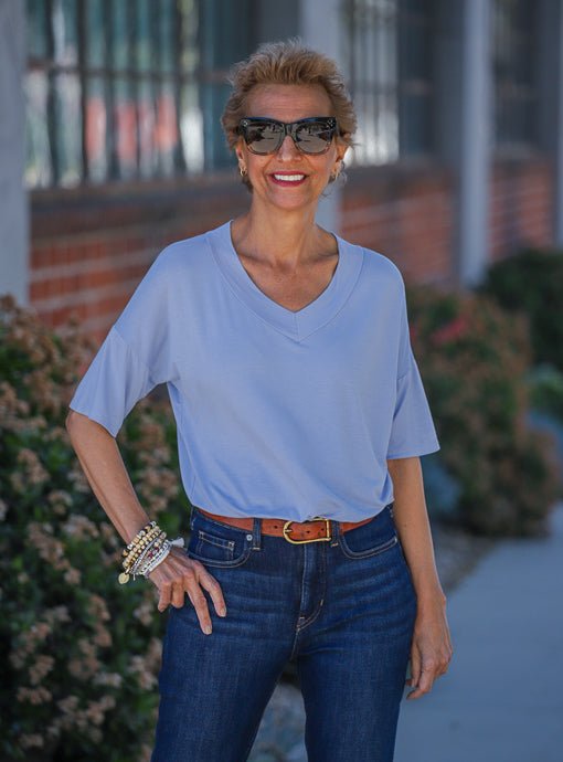 Light Blue V Neck Drop Shoulder Loose Top – Just Style LA