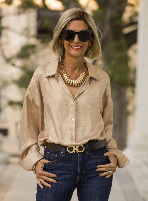 Light Metallic Gold Long Sleeve Shirt - Just Style LA
