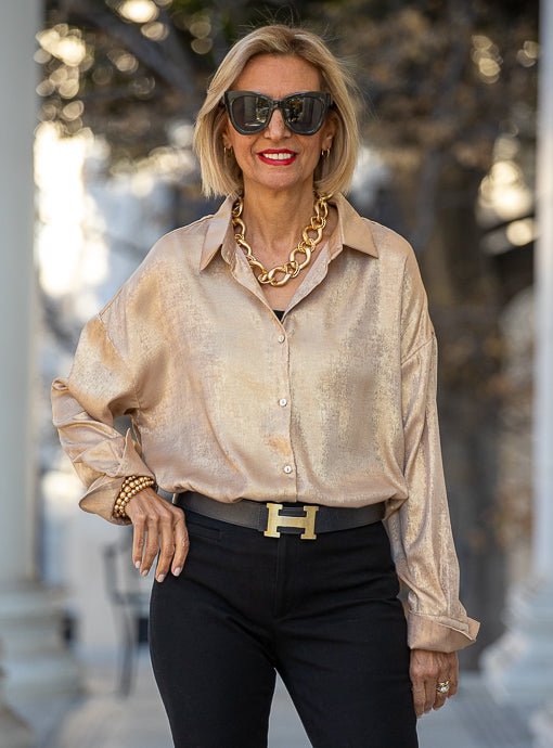 Light Metallic Gold Long Sleeve Shirt - Just Style LA