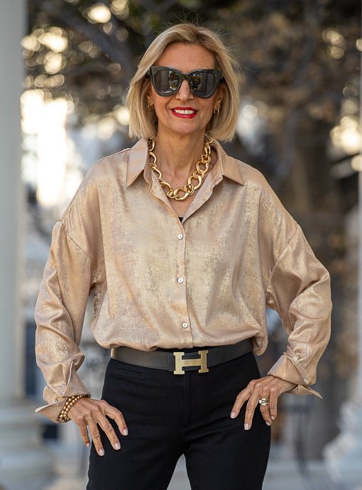 Light Metallic Gold Long Sleeve Shirt - Just Style LA