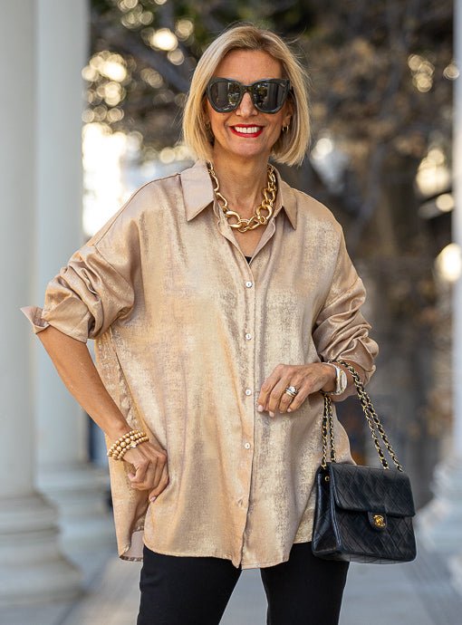 Light Metallic Gold Long Sleeve Shirt Just Style LA Light Metallic Gold Long Sleeve Shirt Just Style LA