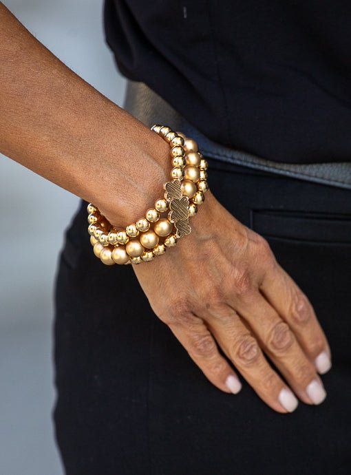 Matte And Shiny Gold Three Piece Bracelet Set With Clover - Just Style LA