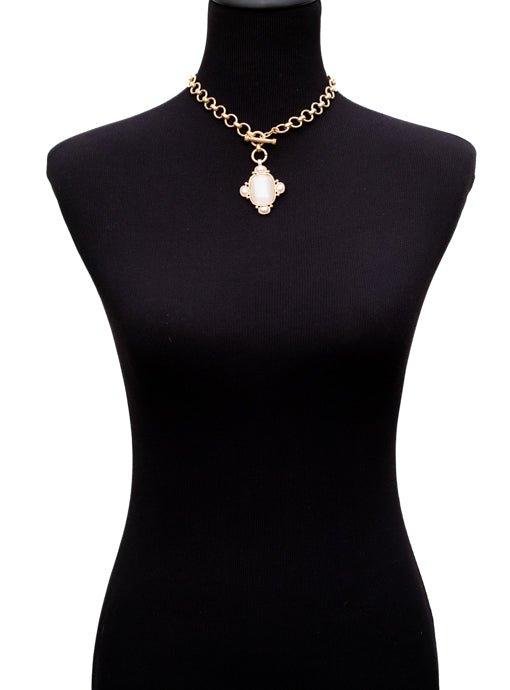 Matte Gold Toggle Chain Necklace With Ivory Stone Pendant - Just Style LA