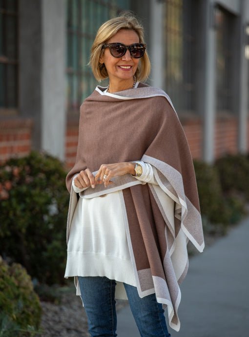 Mocha Cream Two Tone Border Knit Poncho Shawl - Just Style LA