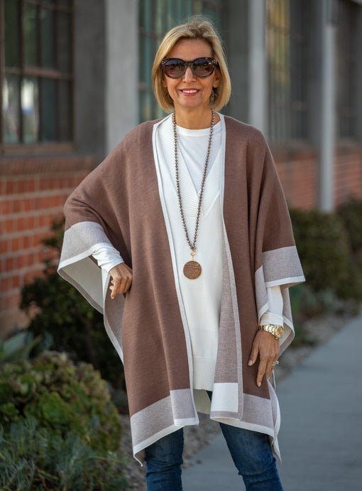 Mocha Cream Two Tone Border Knit Poncho Shawl - Just Style LA